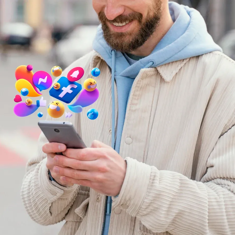 homme sur smartphone avec icones qui sortent de l'écran